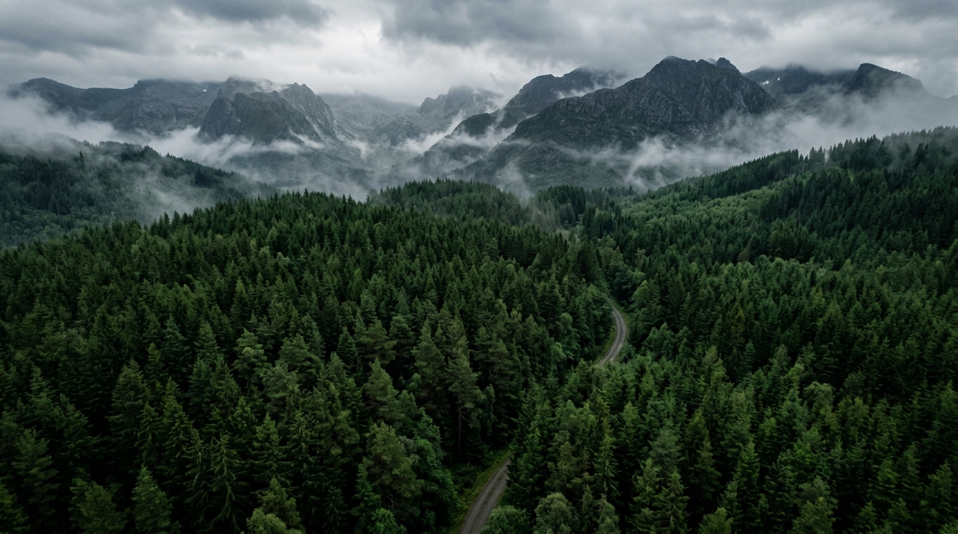 Nordic pine forest aerial canopy